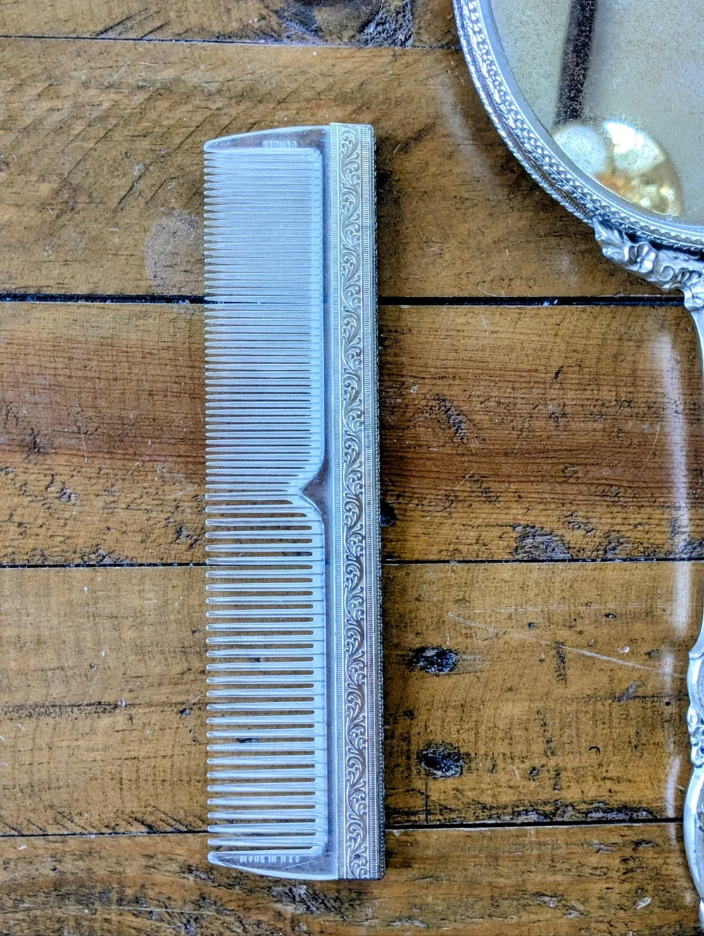Vintage Gemite 3-Pc Vanity Set - Mirror, Brush & Comb - Silver Tone & Gold Broca